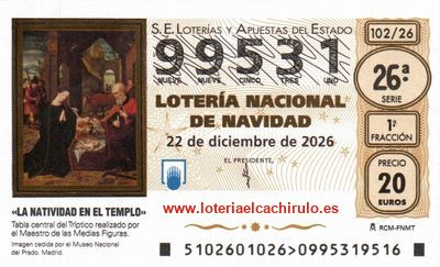 Anverso del d&eacute;cimo 99531 de la Loter&iacute;a de Navidad 2026, de Burgos